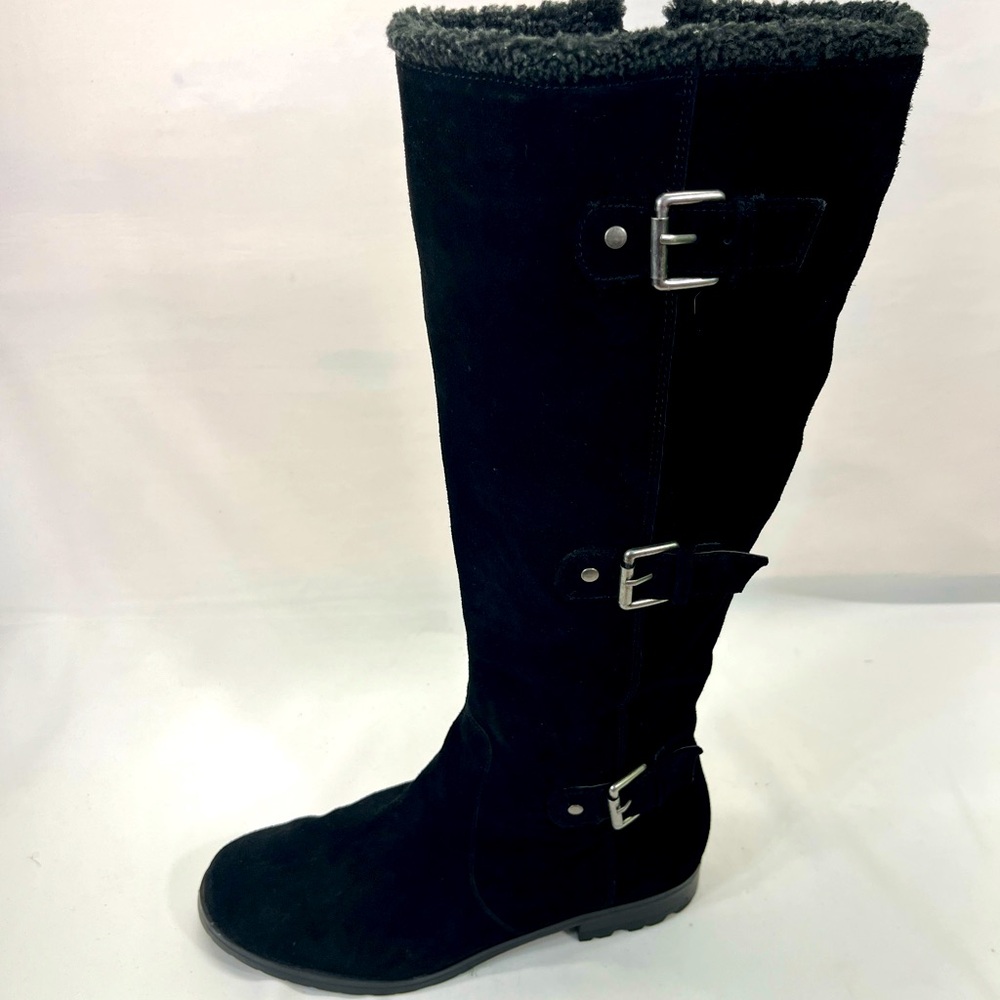 ALFANI VERMONT SUEDE LEATHER SHEARLING TRIPLE BUCKLE RIDING BOOT WOMEN 7 BLACK